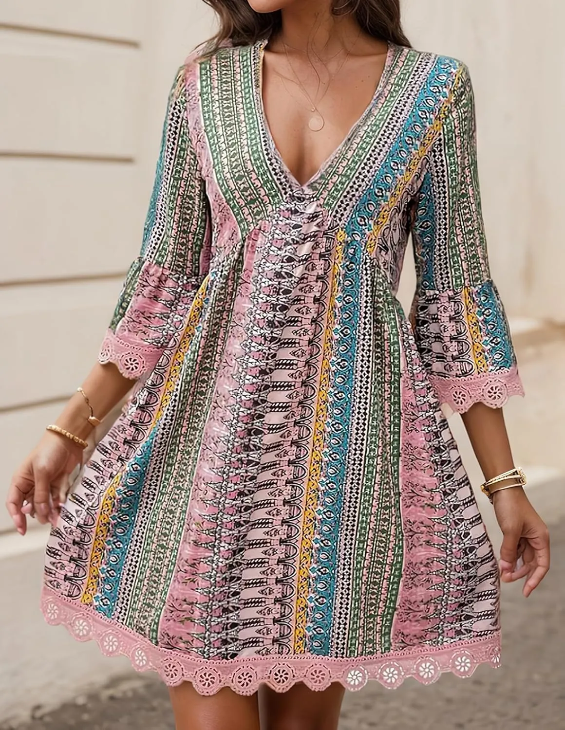 Womens Boho Floral Lace 3/4 Sleeve Short Dress Casual V Neck Western Dress Summer Baby Doll Mini Beach Dresses