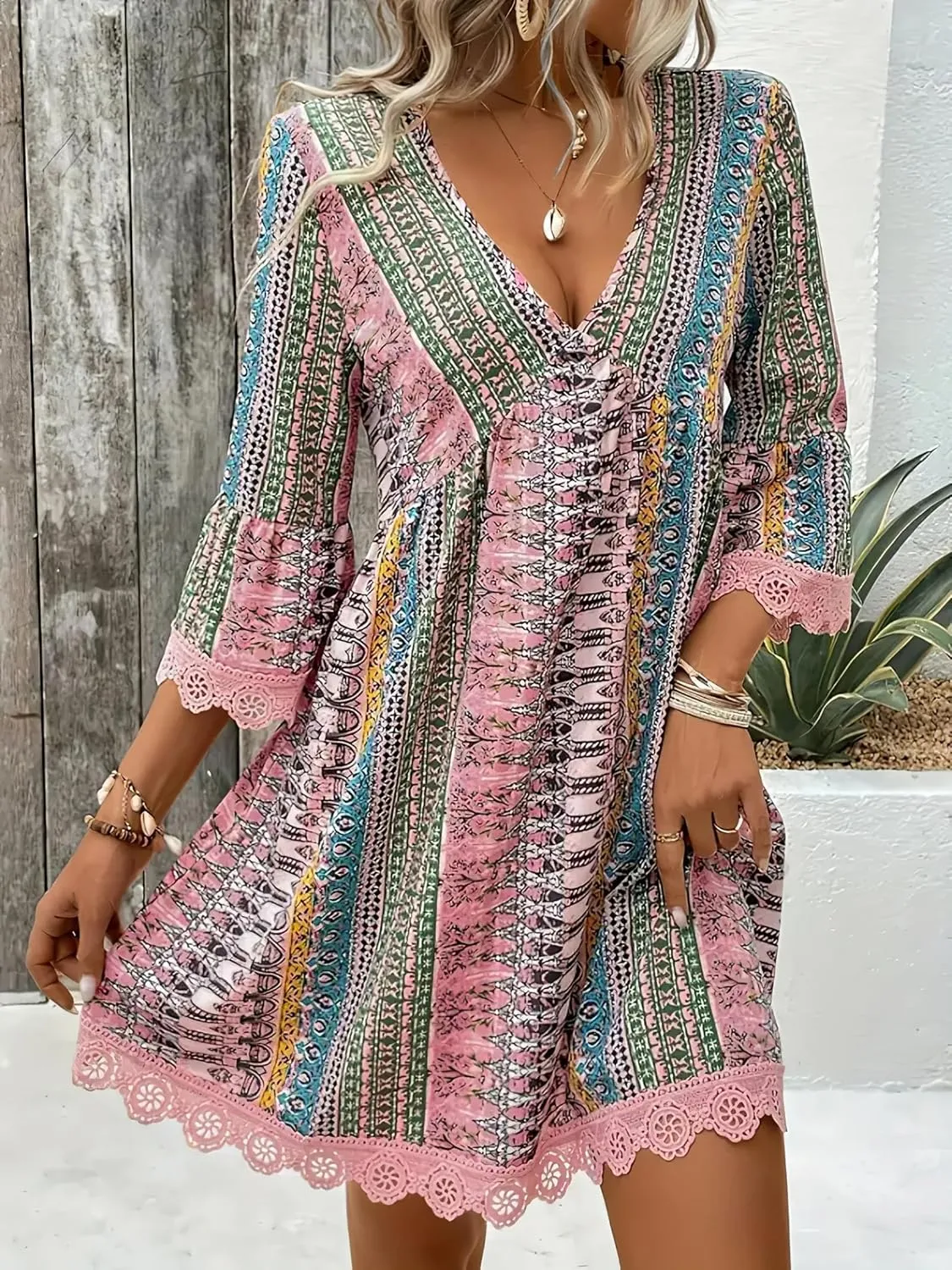 Womens Boho Floral Lace 3/4 Sleeve Short Dress Casual V Neck Western Dress Summer Baby Doll Mini Beach Dresses