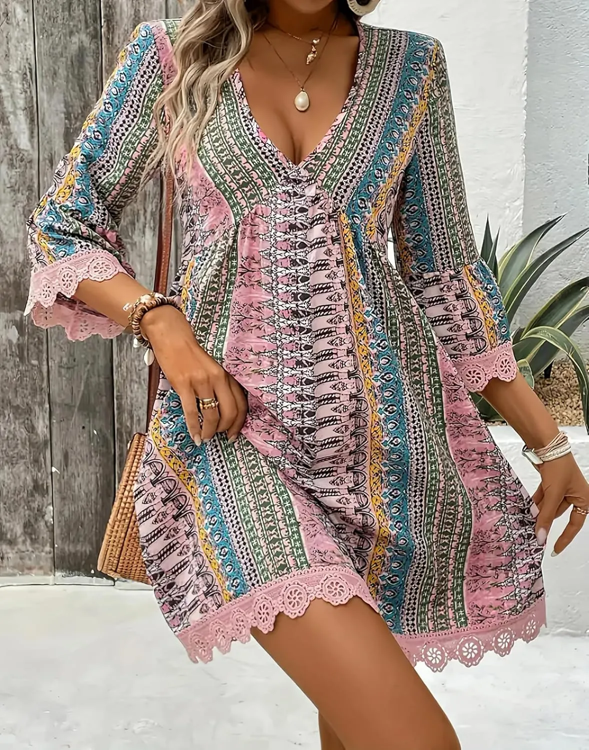 Womens Boho Floral Lace 3/4 Sleeve Short Dress Casual V Neck Western Dress Summer Baby Doll Mini Beach Dresses