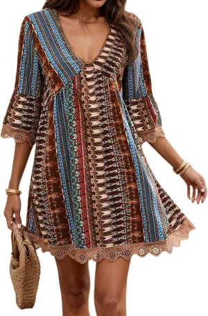 Womens Boho Floral Lace 3/4 Sleeve Short Dress Casual V Neck Western Dress Summer Baby Doll Mini Beach Dresses