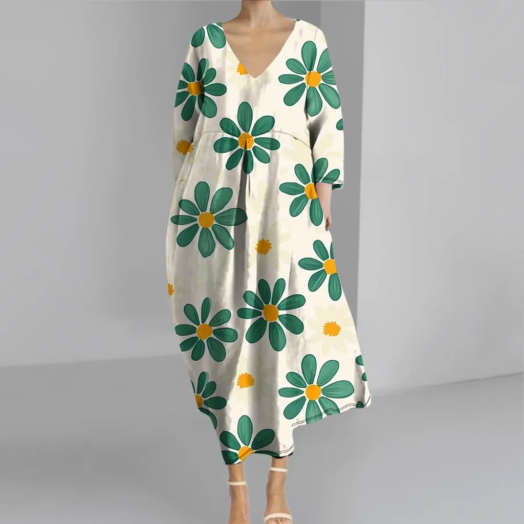 Womens Boho Floral Plus Size Midi Dresses Casual 3/4 Sleeve V Neck Dress Flowy Spring Summer Dresses with Pockets