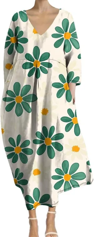 Womens Boho Floral Plus Size Midi Dresses Casual 3/4 Sleeve V Neck Dress Flowy Spring Summer Dresses with Pockets