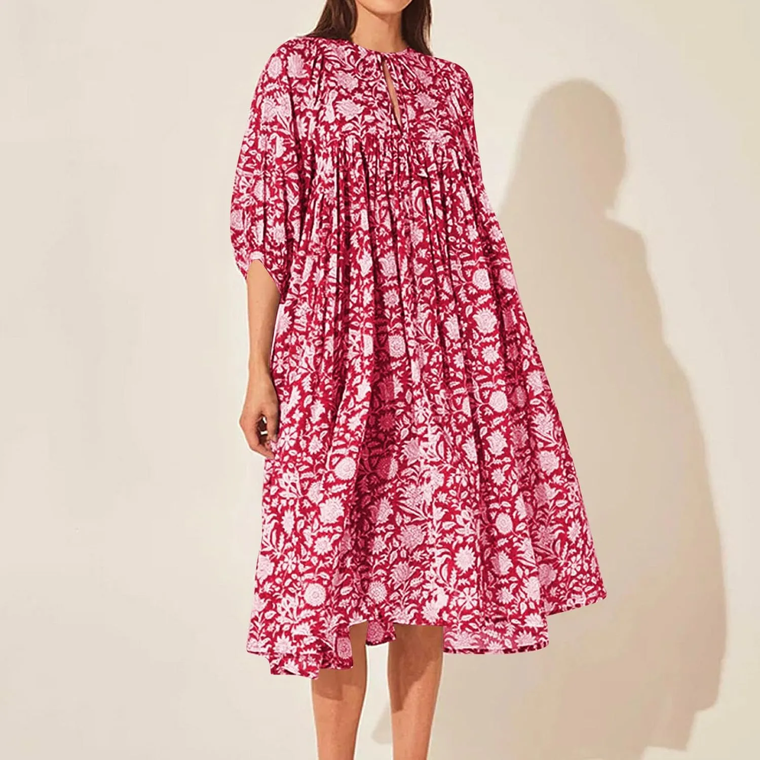Womens Boho Maxi Dresses Summer Floral 3/4 Puff Sleeve Flowy Swing Tiered Long Beach Sundresses Vacation Outfits
