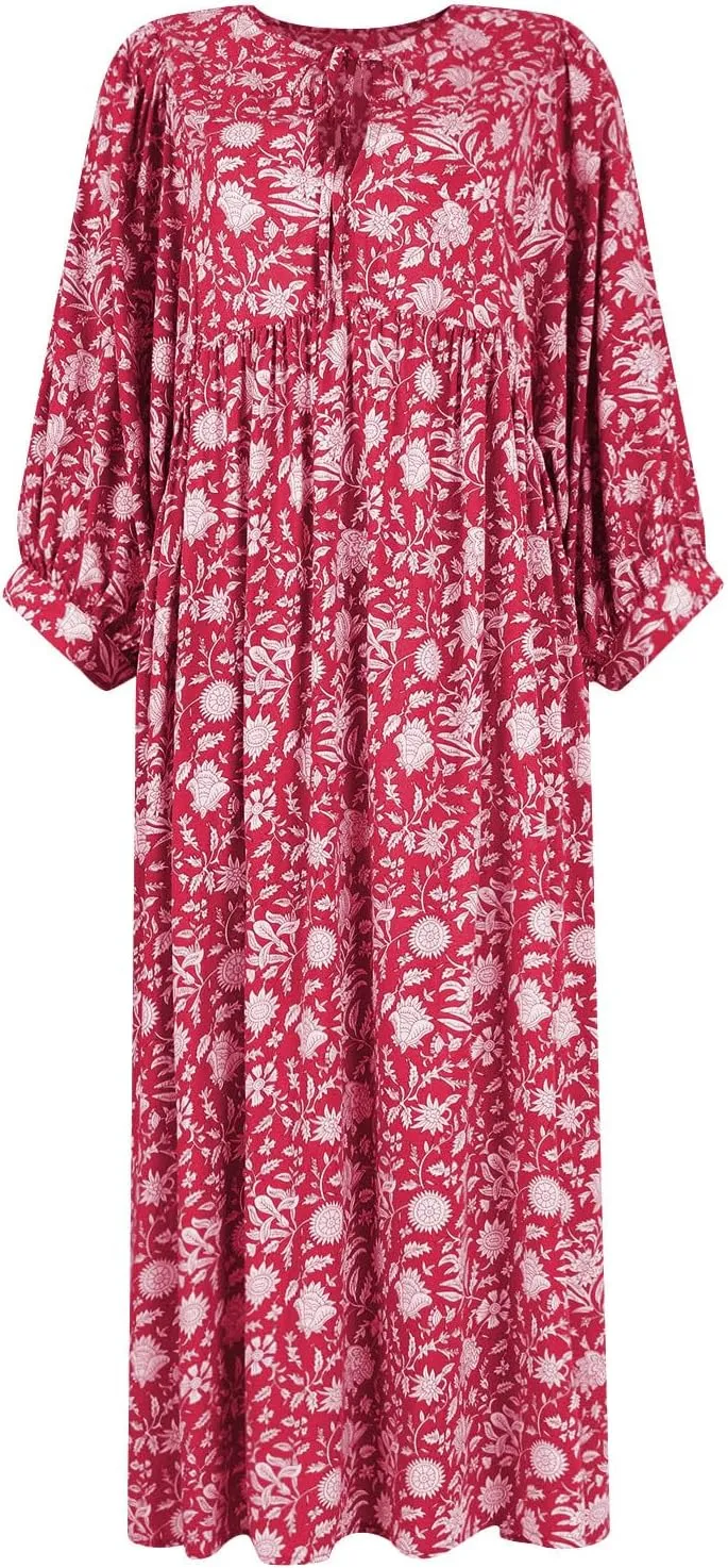 Womens Boho Maxi Dresses Summer Floral 3/4 Puff Sleeve Flowy Swing Tiered Long Beach Sundresses Vacation Outfits