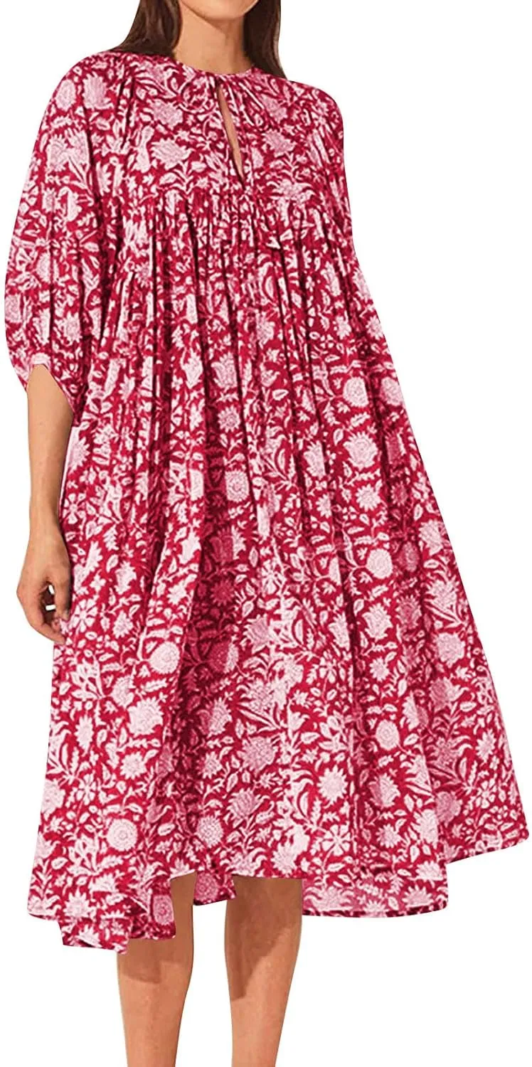 Womens Boho Maxi Dresses Summer Floral 3/4 Puff Sleeve Flowy Swing Tiered Long Beach Sundresses Vacation Outfits