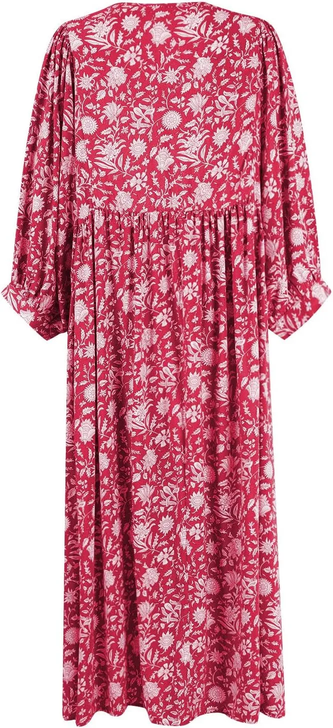 Womens Boho Maxi Dresses Summer Floral 3/4 Puff Sleeve Flowy Swing Tiered Long Beach Sundresses Vacation Outfits