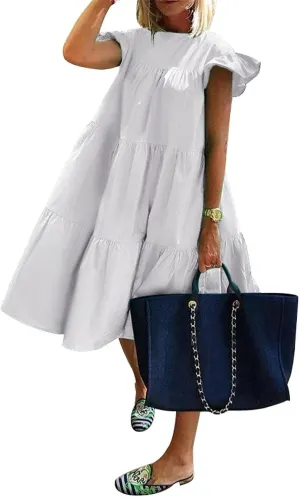 Women's Boho Summer Dress Loose Dress Swing Solid Color Short Sleeve Dresses 2024 Casual, S-5XL