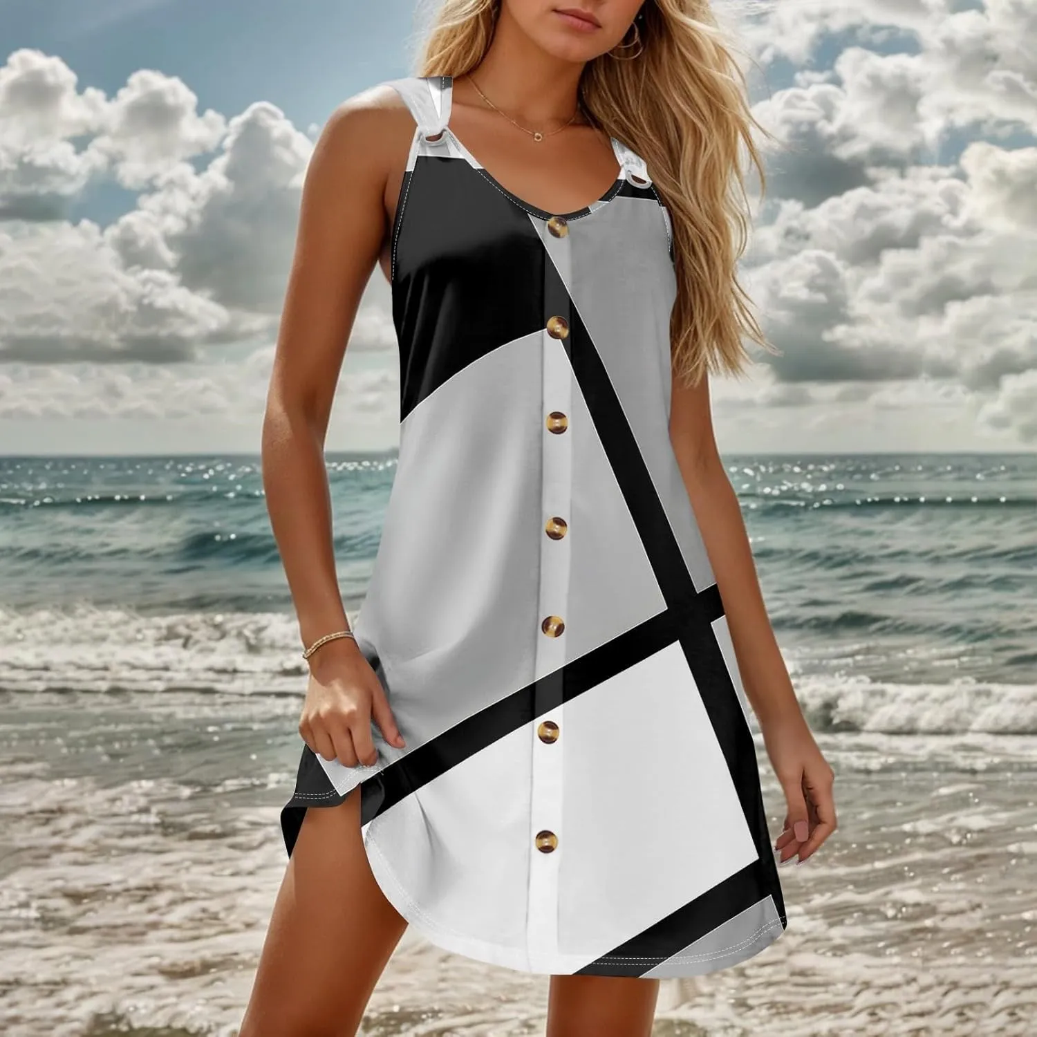 Women's Casual Bohemian Dresses Floral Print Evening Wear Sleeveless Beach Sundress Adjustable Button Clubwear Dress