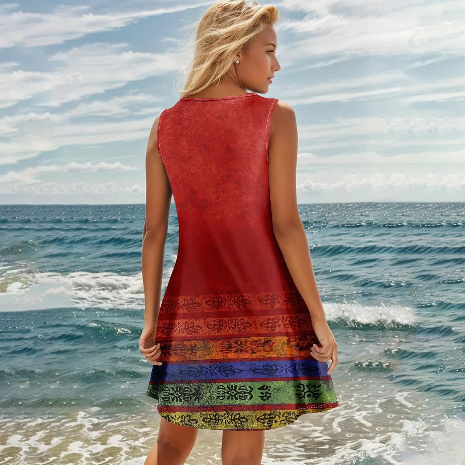 Women's Casual Bohemian Dresses Floral Print Evening Wear Sleeveless Beach Sundress Adjustable Button Clubwear Dress
