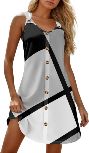 Women's Casual Bohemian Dresses Floral Print Evening Wear Sleeveless Beach Sundress Adjustable Button Clubwear Dress
