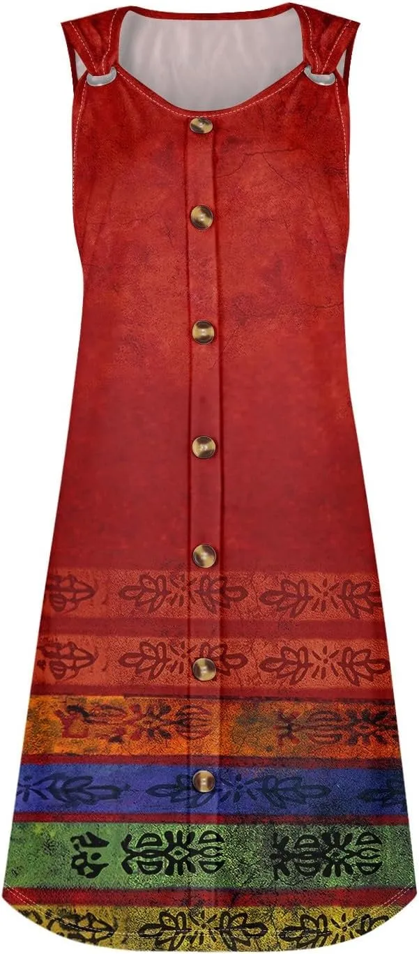 Women's Casual Bohemian Dresses Floral Print Evening Wear Sleeveless Beach Sundress Adjustable Button Clubwear Dress