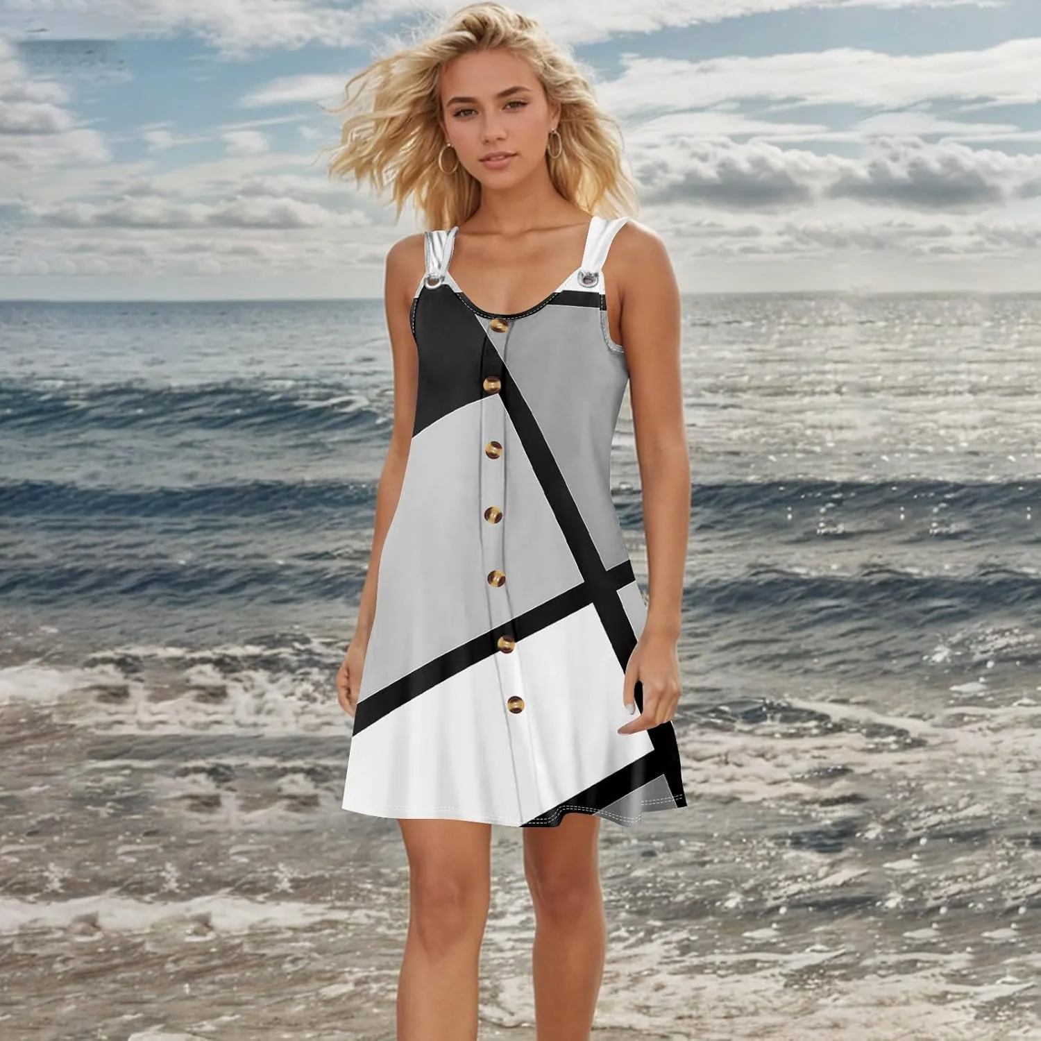 Women's Casual Bohemian Dresses Floral Print Evening Wear Sleeveless Beach Sundress Adjustable Button Clubwear Dress