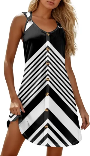Women's Casual Bohemian Dresses Floral Print Evening Wear Sleeveless Beach Sundress Adjustable Button Clubwear Dress