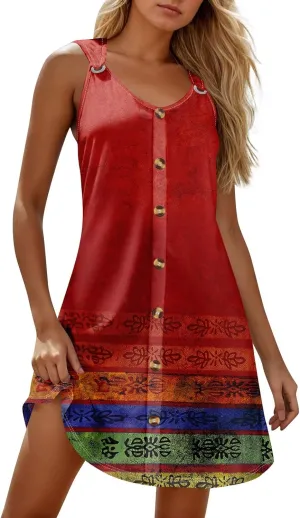 Women's Casual Bohemian Dresses Floral Print Evening Wear Sleeveless Beach Sundress Adjustable Button Clubwear Dress