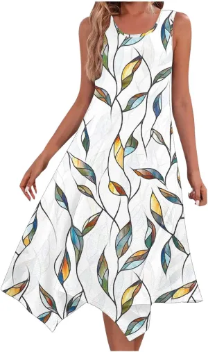 Womens Casual Dress Summer Floral Long Tank Dresses Hankerchief Flare Loose Flowy Midi Beach Sundress with Pockets
