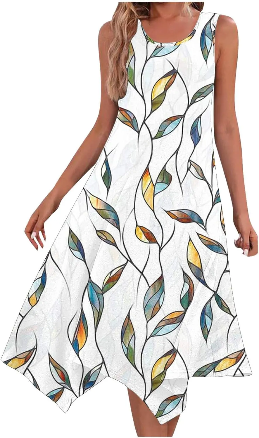 Womens Casual Dress Summer Floral Long Tank Dresses Hankerchief Flare Loose Flowy Midi Beach Sundress with Pockets