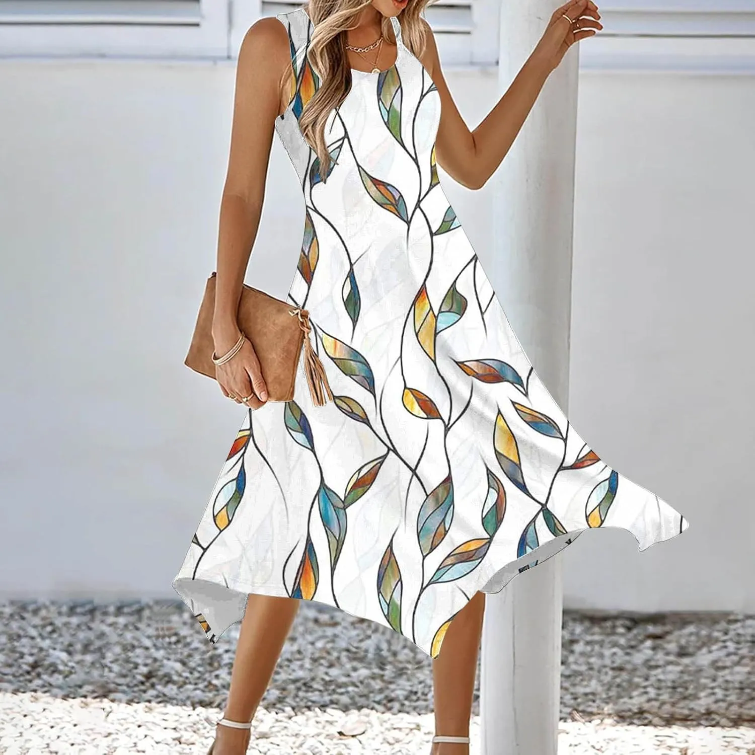 Womens Casual Dress Summer Floral Long Tank Dresses Hankerchief Flare Loose Flowy Midi Beach Sundress with Pockets
