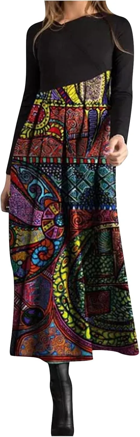 Women's Casual Dresses Plus Size Color Block Long Sleeve Dress Loose Fit Boho Floral Print Flowy Swing Maxi Dress