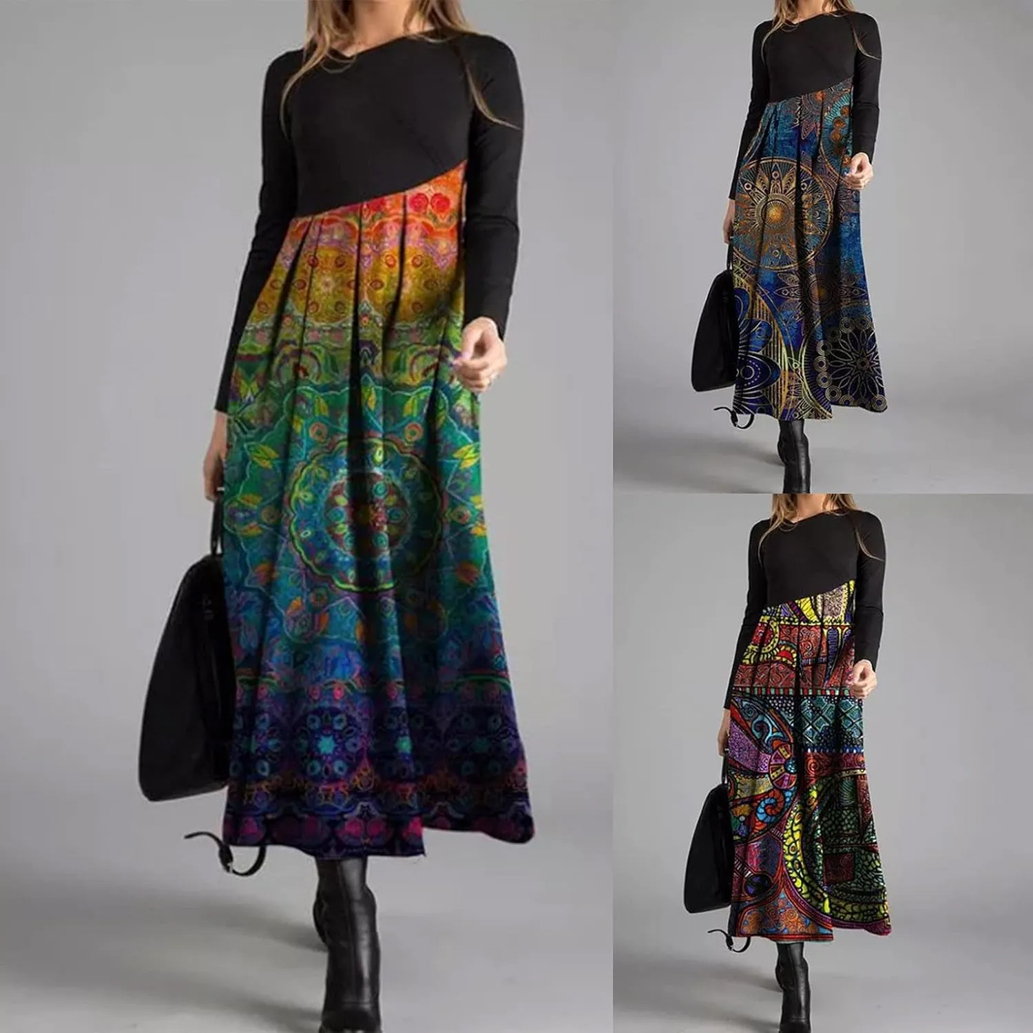 Women's Casual Dresses Plus Size Color Block Long Sleeve Dress Loose Fit Boho Floral Print Flowy Swing Maxi Dress