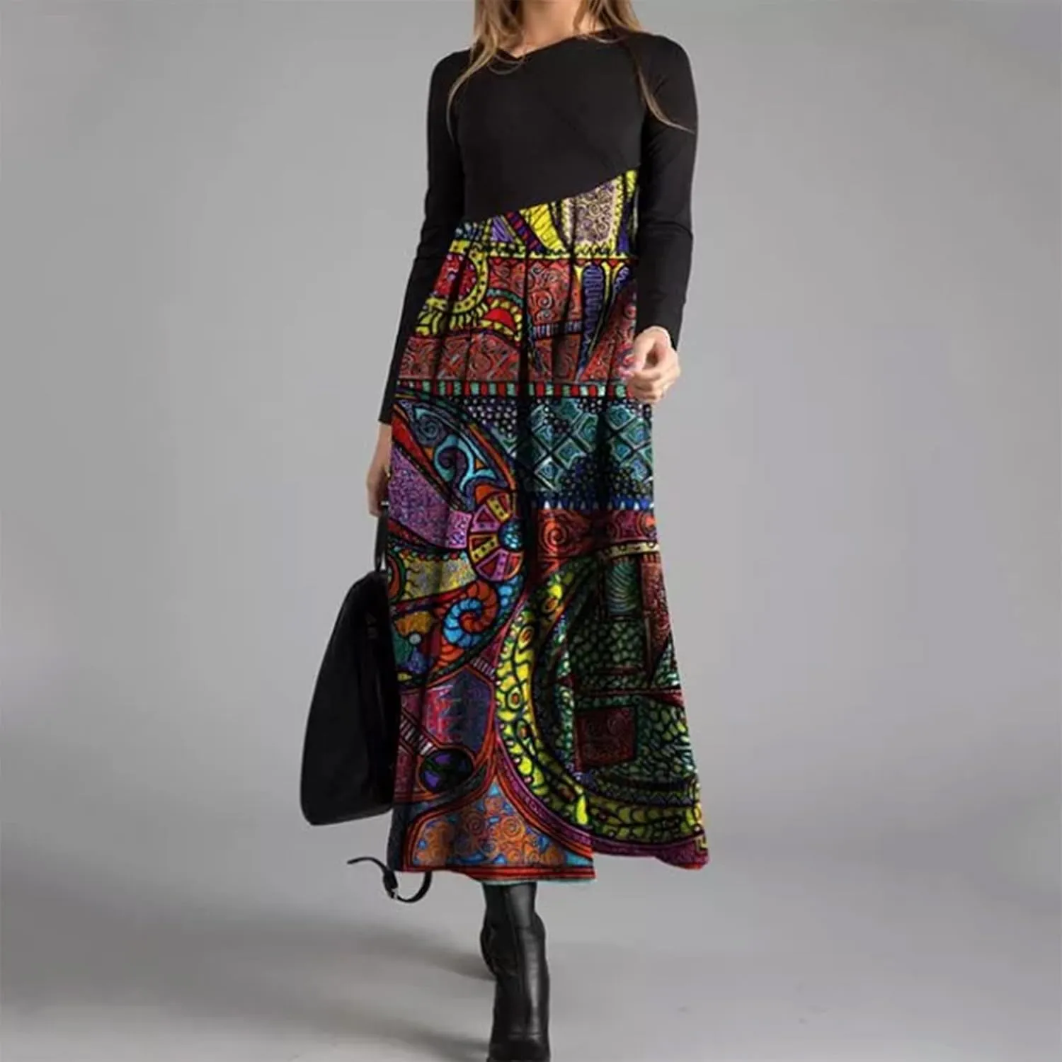 Women's Casual Dresses Plus Size Color Block Long Sleeve Dress Loose Fit Boho Floral Print Flowy Swing Maxi Dress