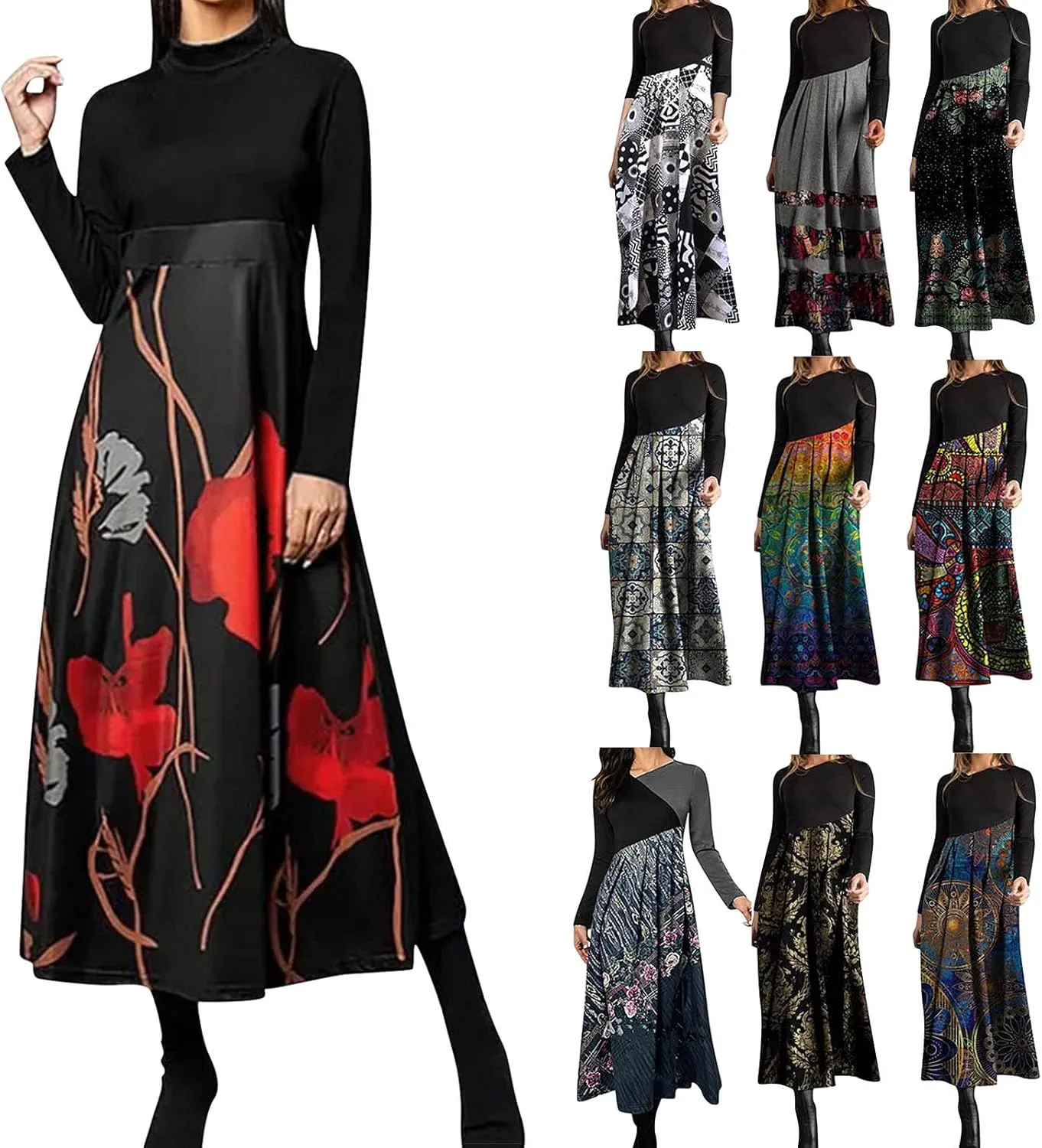 Women's Casual Dresses Plus Size Color Block Long Sleeve Dress Loose Fit Boho Floral Print Flowy Swing Maxi Dress