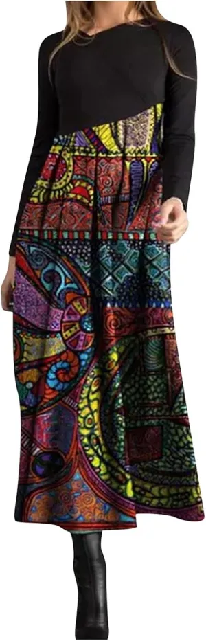 Women's Casual Dresses Plus Size Color Block Long Sleeve Dress Loose Fit Boho Floral Print Flowy Swing Maxi Dress