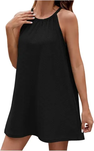Women's Casual Dresses,2025 Summer Mock Neck Tie Waist Halter Dress Sleeveless Dresses Casual Tie Back Sundress