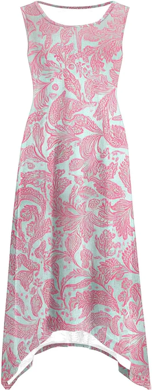 Women's Casual Summer Dress Floral Print Sleeveless Beach Sundress Hankerchief Hem Midi Tank Dresses with Pockets