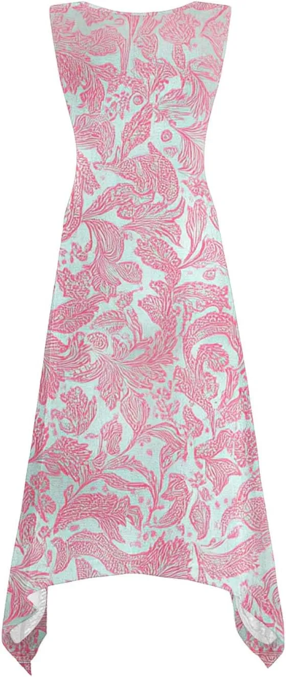 Women's Casual Summer Dress Floral Print Sleeveless Beach Sundress Hankerchief Hem Midi Tank Dresses with Pockets
