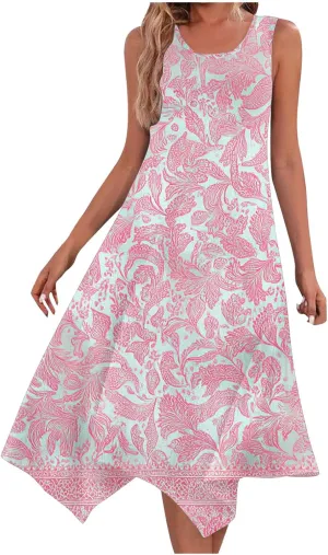 Women's Casual Summer Dress Floral Print Sleeveless Beach Sundress Hankerchief Hem Midi Tank Dresses with Pockets