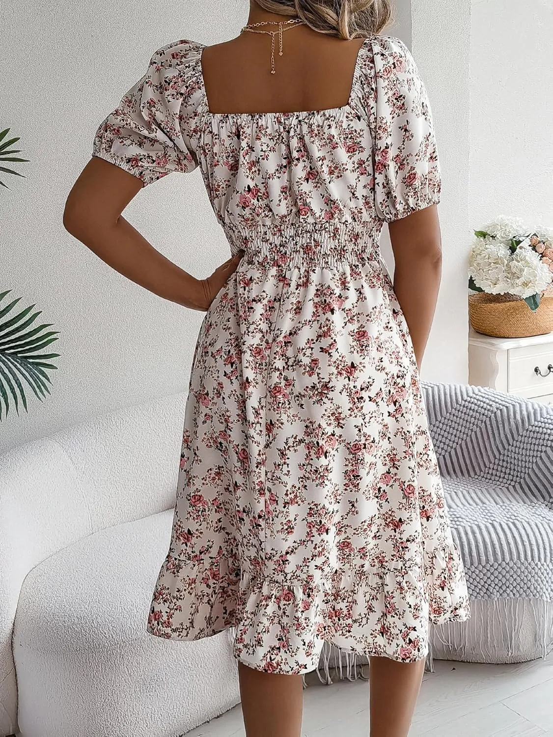 Women's Casual Summer Floral Bohemian Ruffle A-Line Mini Dress Short Sleeve Square Neck Swing Midi Dress