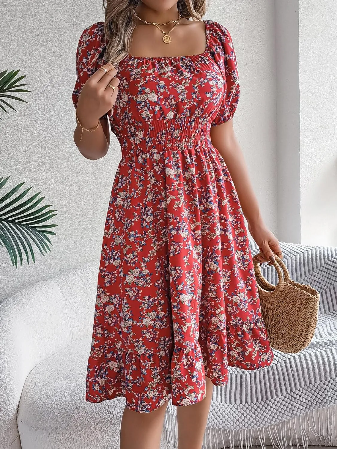 Women's Casual Summer Floral Bohemian Ruffle A-Line Mini Dress Short Sleeve Square Neck Swing Midi Dress