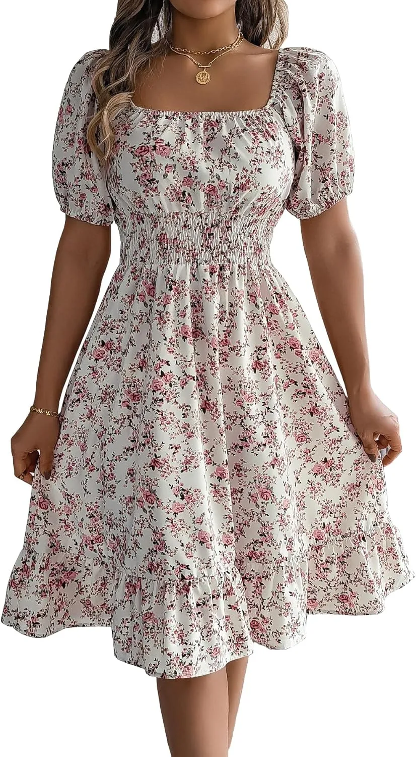 Women's Casual Summer Floral Bohemian Ruffle A-Line Mini Dress Short Sleeve Square Neck Swing Midi Dress