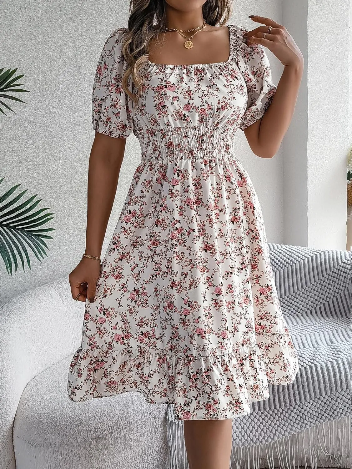 Women's Casual Summer Floral Bohemian Ruffle A-Line Mini Dress Short Sleeve Square Neck Swing Midi Dress