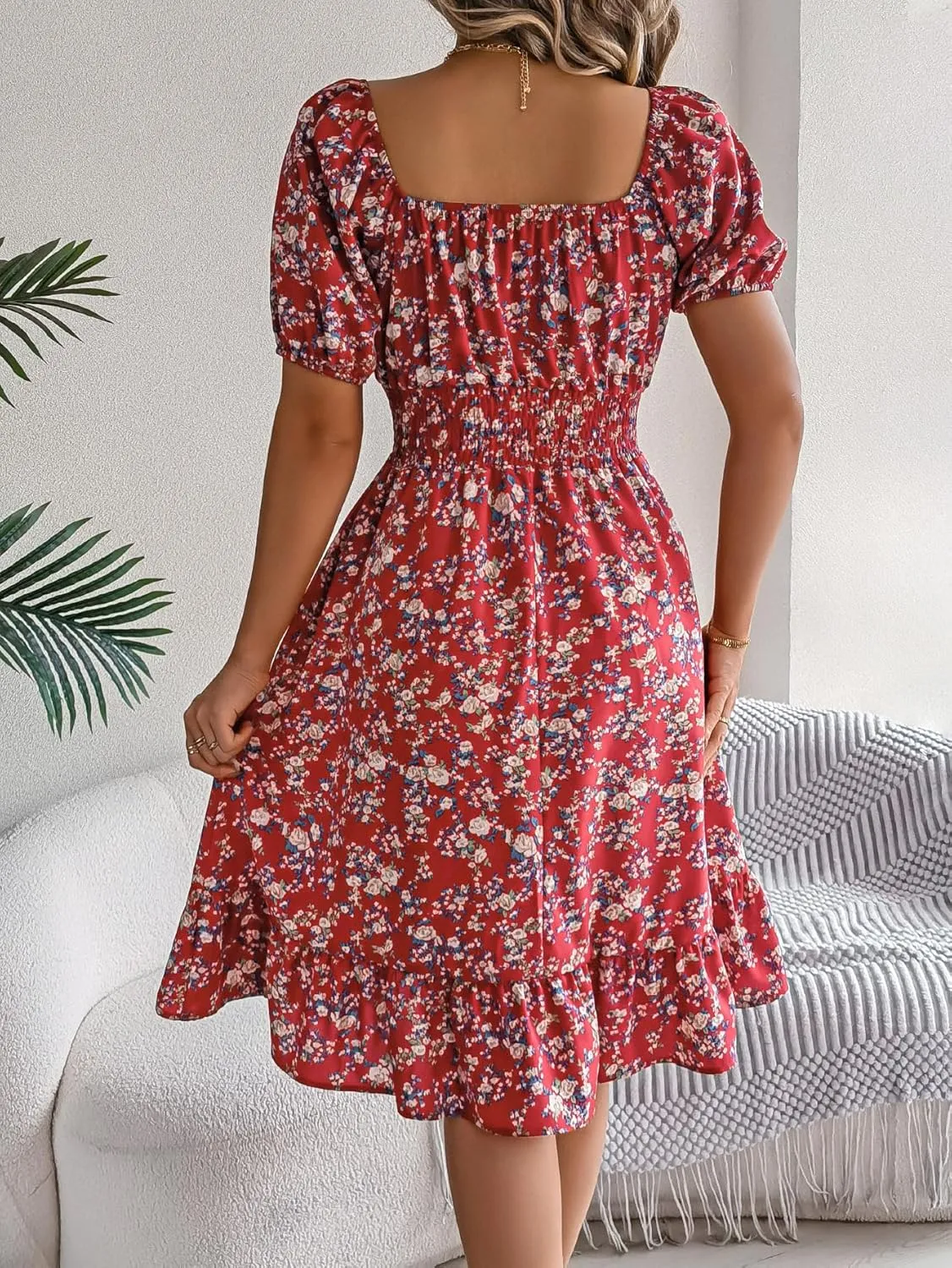 Women's Casual Summer Floral Bohemian Ruffle A-Line Mini Dress Short Sleeve Square Neck Swing Midi Dress