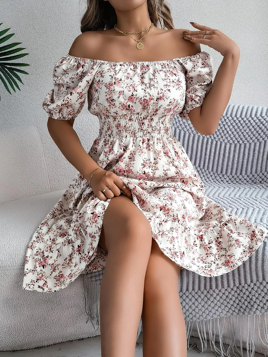 Women's Casual Summer Floral Bohemian Ruffle A-Line Mini Dress Short Sleeve Square Neck Swing Midi Dress