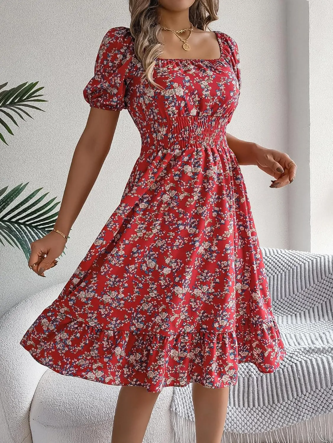 Women's Casual Summer Floral Bohemian Ruffle A-Line Mini Dress Short Sleeve Square Neck Swing Midi Dress