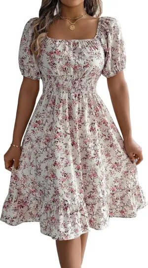 Women's Casual Summer Floral Bohemian Ruffle A-Line Mini Dress Short Sleeve Square Neck Swing Midi Dress