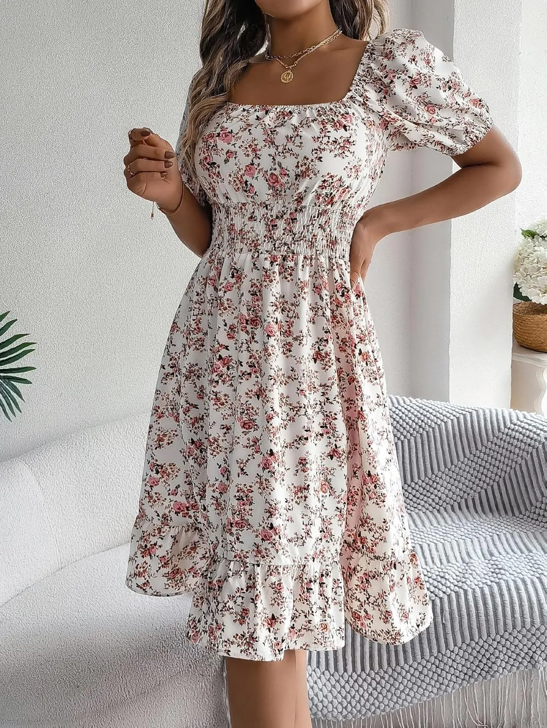 Women's Casual Summer Floral Bohemian Ruffle A-Line Mini Dress Short Sleeve Square Neck Swing Midi Dress