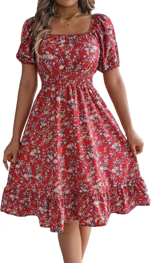 Women's Casual Summer Floral Bohemian Ruffle A-Line Mini Dress Short Sleeve Square Neck Swing Midi Dress