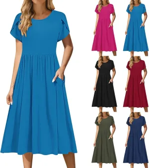 Women's Casual Summer Maxi Dress Spring Petal Short Sleeve Tshirt Dress with Pockets A Line Vacation Beach Sundress