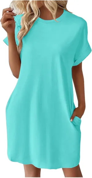 Womens Casual Summer Mini Tunic Dresses Short Sleeve Shift Dress Loose Crewneck Tshirt Sundress with Pockets