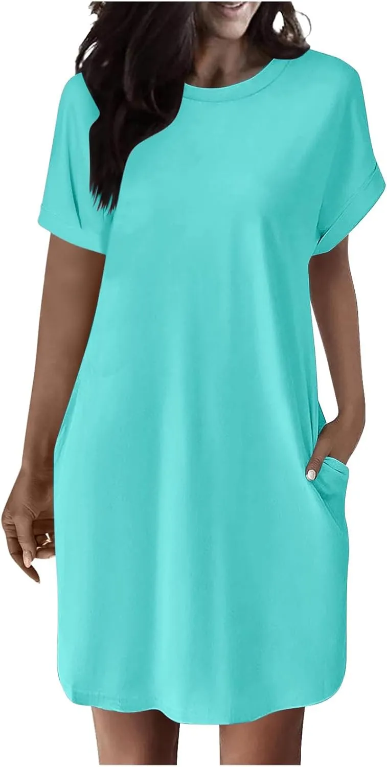 Womens Casual Summer Mini Tunic Dresses Short Sleeve Shift Dress Loose Crewneck Tshirt Sundress with Pockets