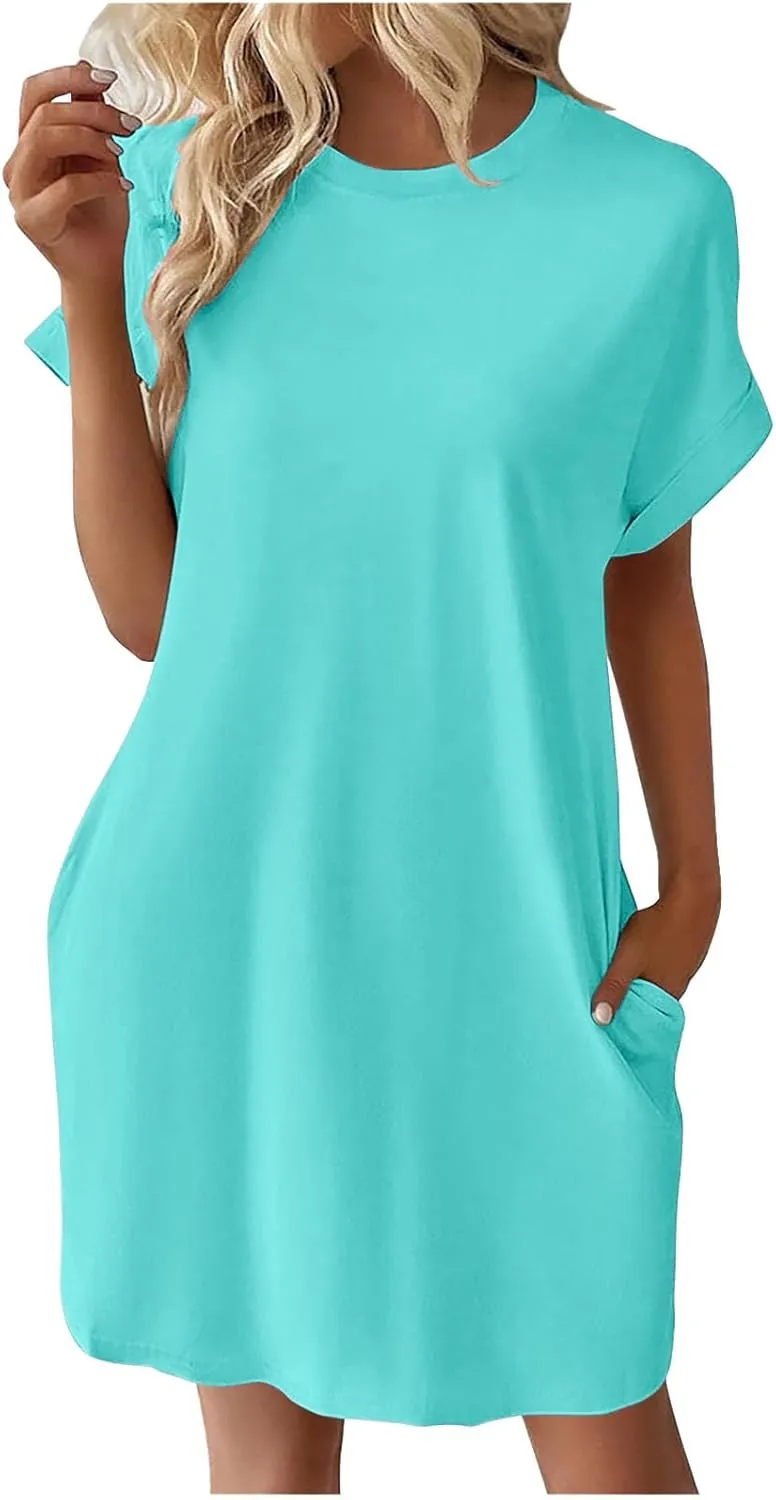Womens Casual Summer Mini Tunic Dresses Short Sleeve Shift Dress Loose Crewneck Tshirt Sundress with Pockets