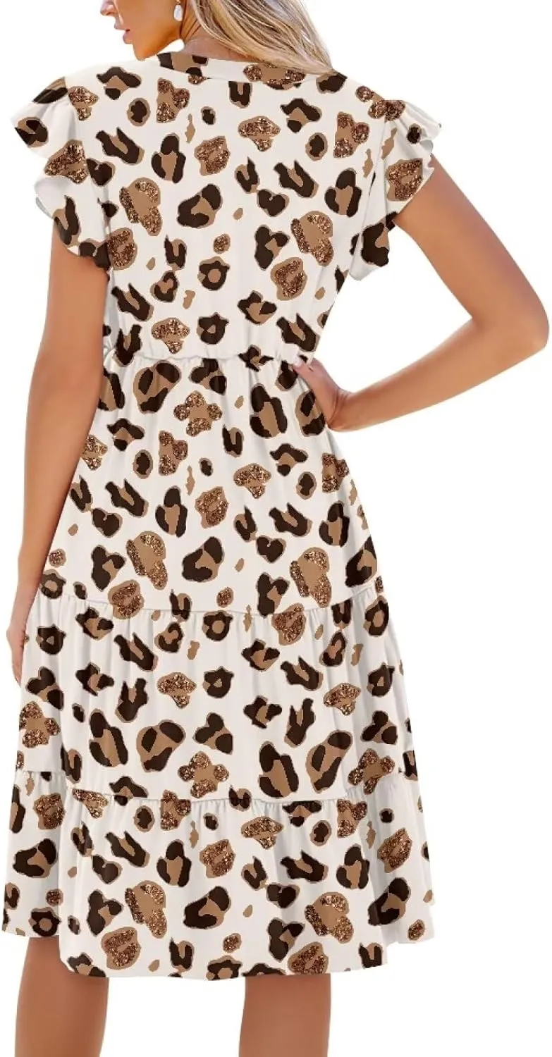 Women's Casual Summer Ruffle Sleeve Dress Loose Sleeveless V Neck Flowy Tiered Vacation Sundress