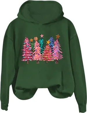 Womens Christmas Hoodies Printed Casual Hoodie Crew Neck Pullover Fun Christmas Shirt Gift Xmas Vacation Graphic