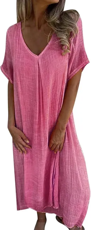 Women's Cotton Linen Maxi Dress Short Sleeve Summer Short Sleeve V-Neck Loose Dresses Solid Vacation Trendy Dresses