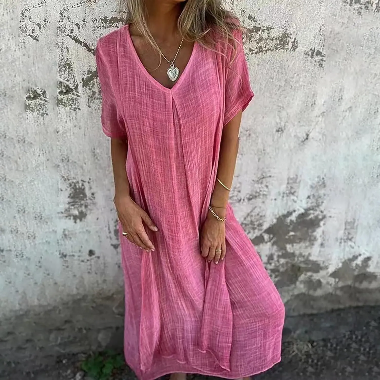 Women's Cotton Linen Maxi Dress Short Sleeve Summer Short Sleeve V-Neck Loose Dresses Solid Vacation Trendy Dresses