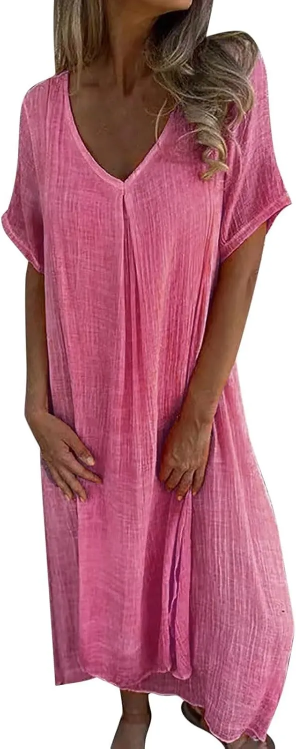 Women's Cotton Linen Maxi Dress Short Sleeve Summer Short Sleeve V-Neck Loose Dresses Solid Vacation Trendy Dresses