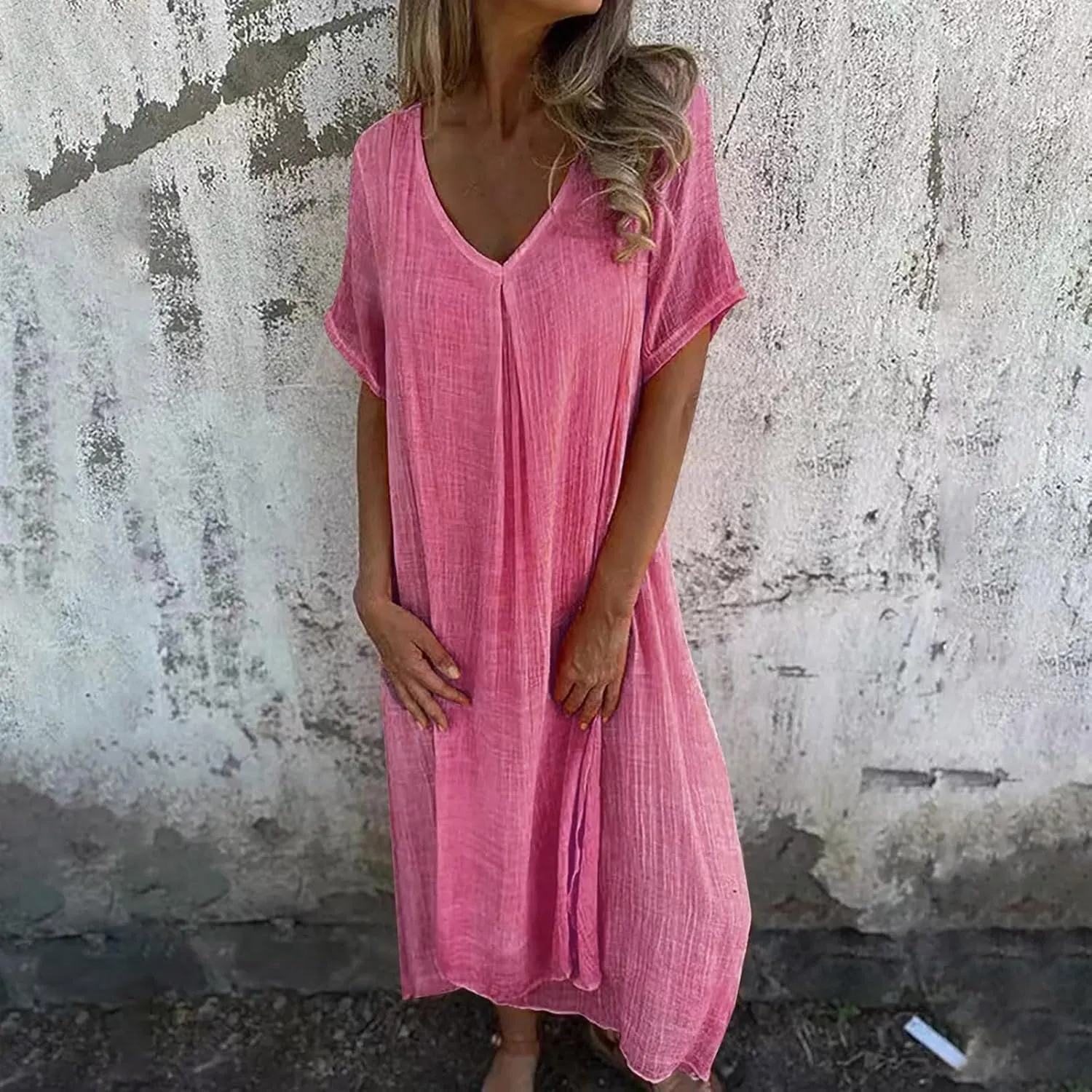 Women's Cotton Linen Maxi Dress Short Sleeve Summer Short Sleeve V-Neck Loose Dresses Solid Vacation Trendy Dresses